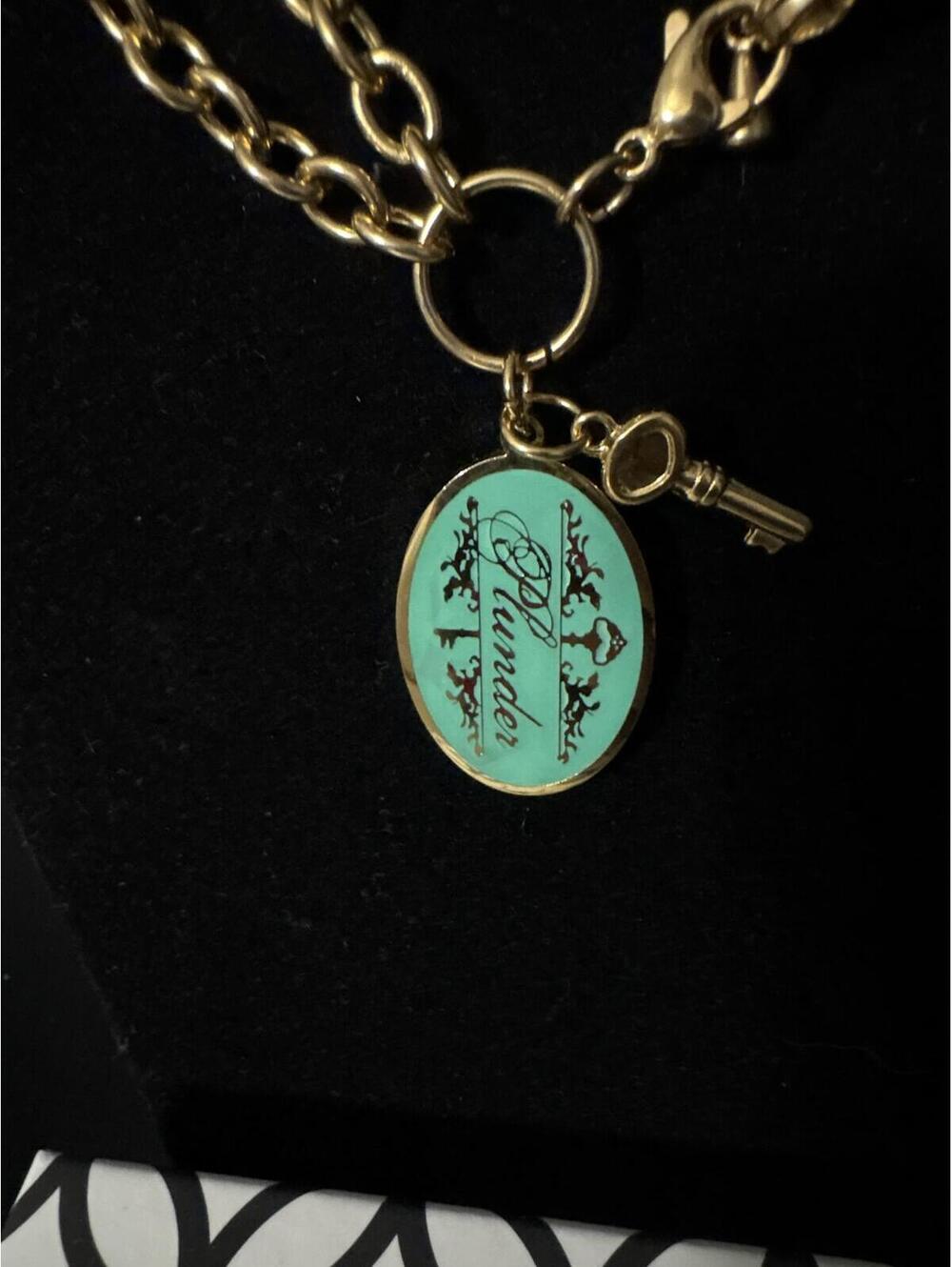 Plunder Design Gold Tone Double Strand Necklace with Mint Green Logo Charm & Key - Picture 2 of 3